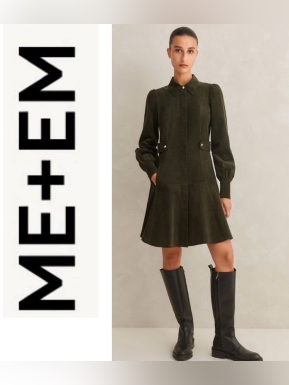ME + EM Green Corduroy Fit & Flare Shirt Dress Size 12 US